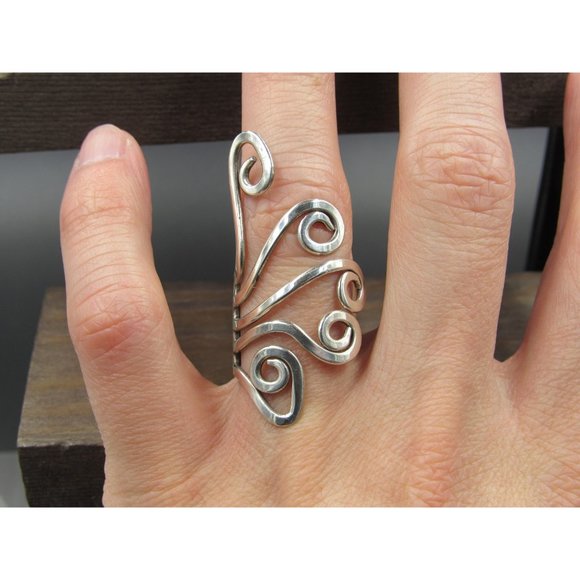 Size 8 Sterling Silver Fancy Swirls Large Finger Band Ring Vintage Statement - Picture 4 of 9